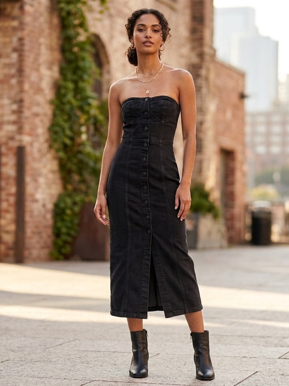 Zara Black Denim Strapless Bustier Faux Button Front Midi Dress XS